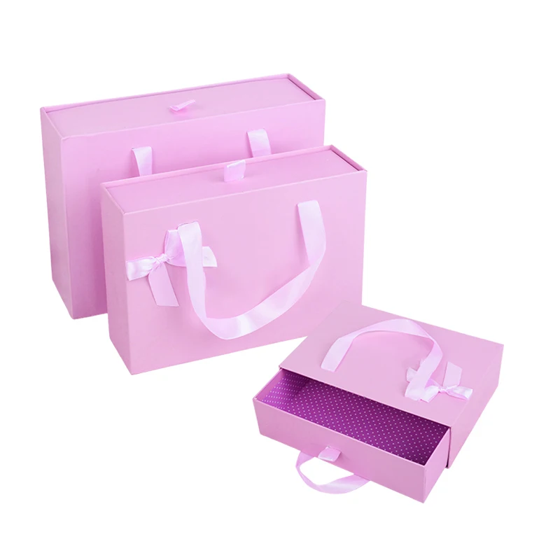 Luxury Custom Logo Pink Handbag Paper Gift Drawer Boxes For Packaging Clothes With Ribbon