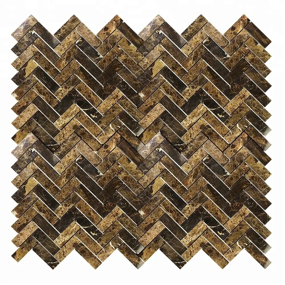 Dark Emperador new design for wall decoration Polished Herringbone interlocking marble mosaic tile