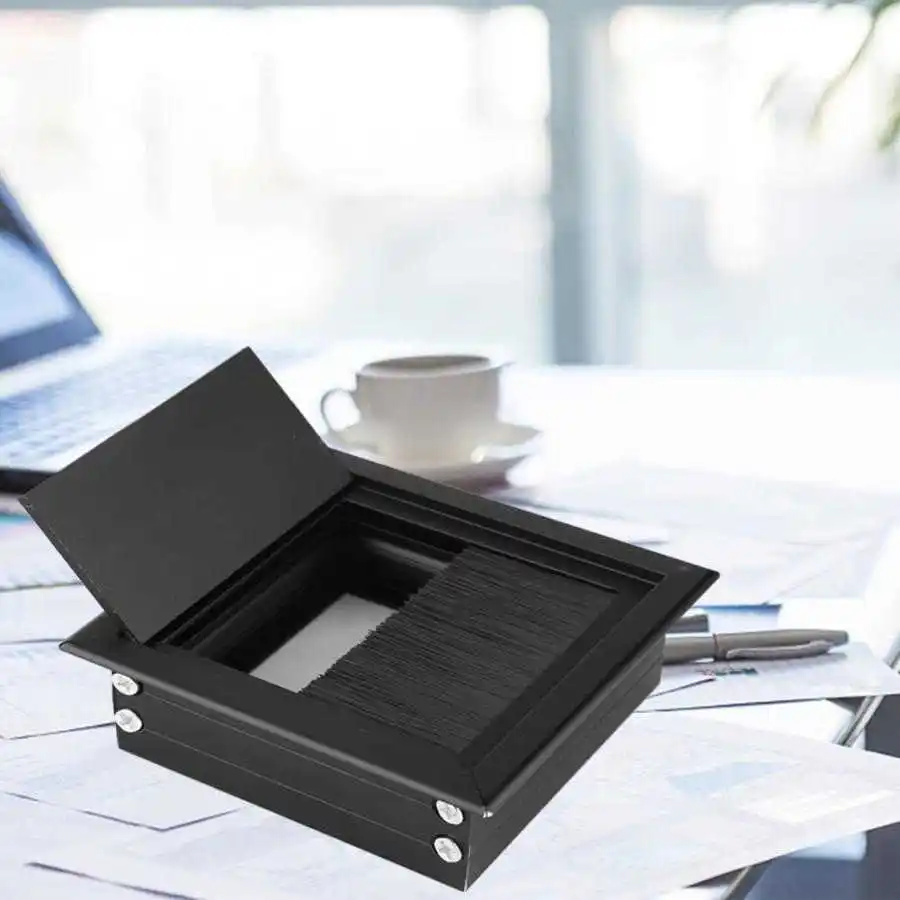 8x8cm Computer Table Desk Rectangle Aluminum Alloy Wire Cable Grommet Hole Cover Outlet Port Line Box With Brush