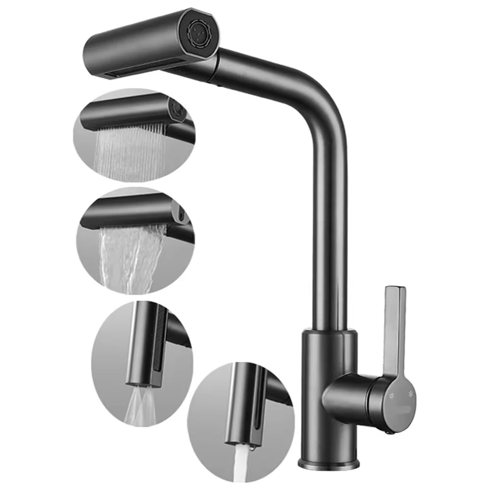 Stainless Steel Waterfall Kitchen Faucet 360 Rotating Flow Spray Head Hot and Cold Water Sink Mixer