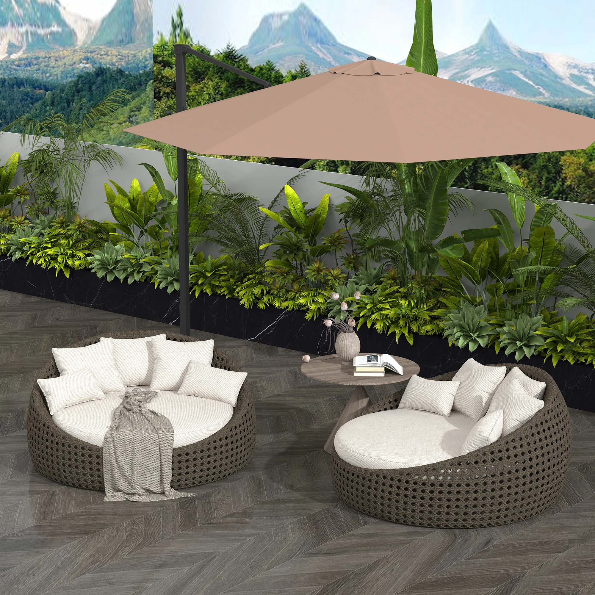 fulin Outside Aluminum Frame Round Garden Shed With Canopy Waterproof Hotel Resort Outdoor Sofa Bed Lounge Chair Sunbed Daybed