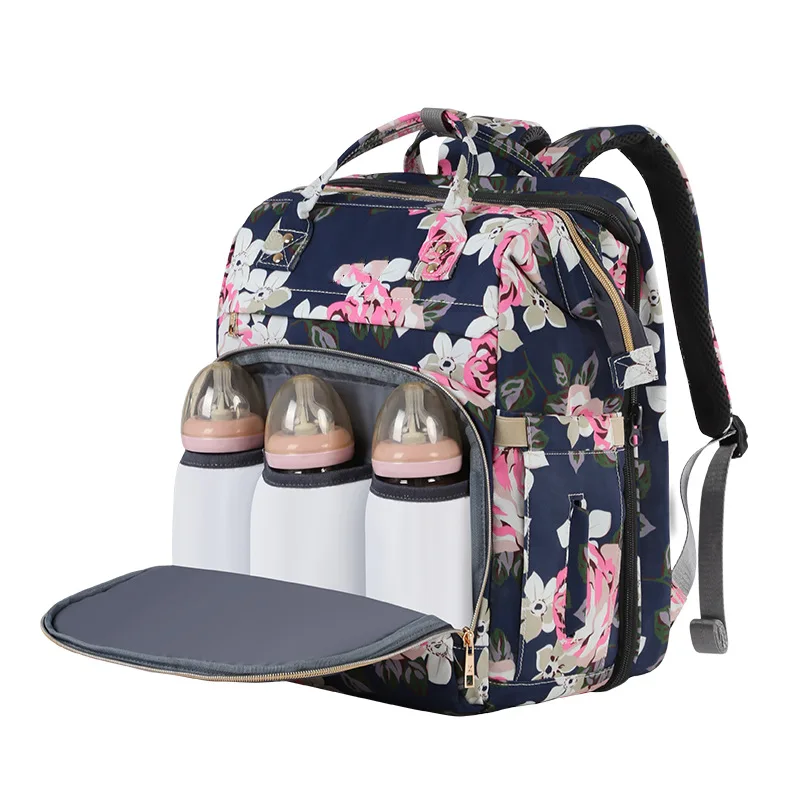
2021 Drop Shipping Folding Bed Bag Lightweight Printed Waterproof Double Shoulder Mommy Diaper Bag 
