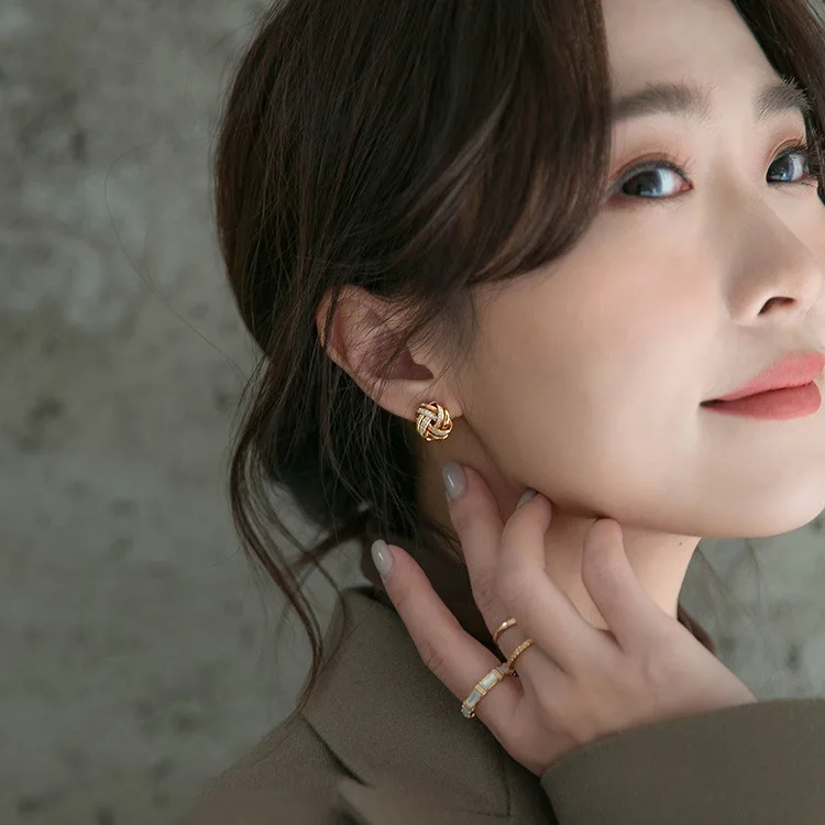 hot selling18k gold plated Geometry Chunky wire Ball 925 sterling silver zircon Twisted Knot stud earrings18k real gold earrings