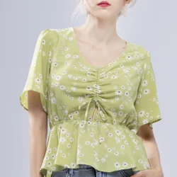 Женская одежда с эластичным поясом, летние повседневные облегающие элегантные блузки с коротким рукавом и цветочным принтом, топы