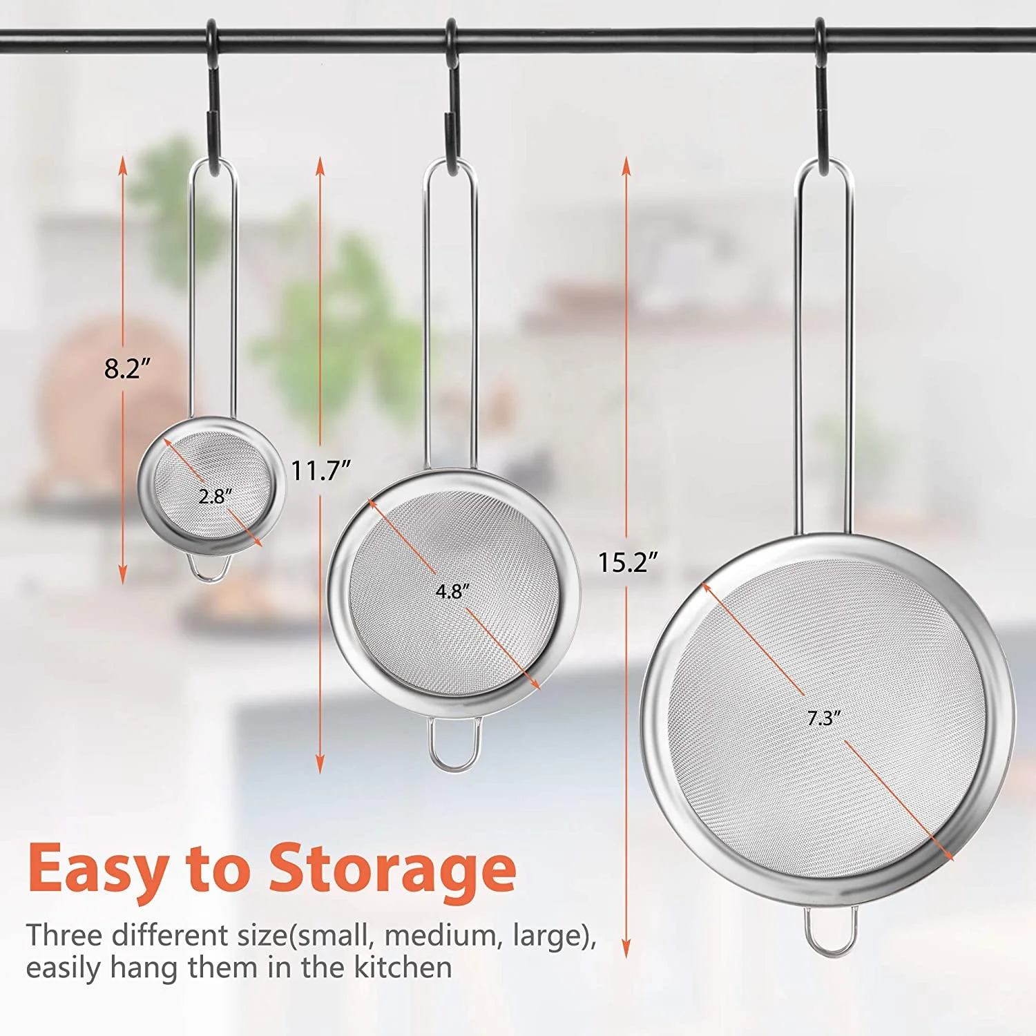 Food Grade Stainless Steel Mesh Strainer/Set of 3 Kitchen Sieves/Strainer Wire Mesh Basket Strainer Colander Silicone Handle