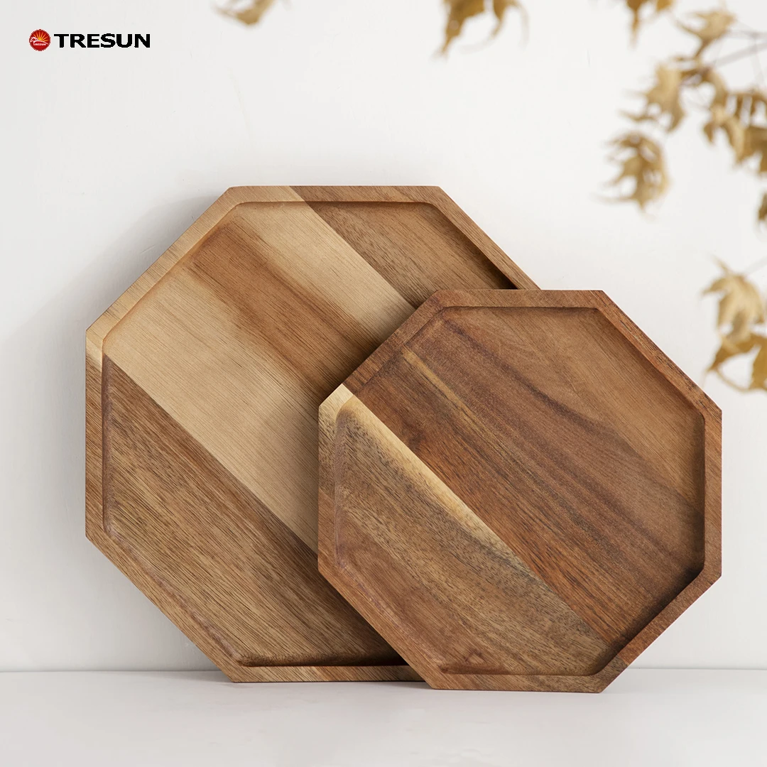 breakfast lunch dinner appetizer bread coffee table tray  octagonal shape acacia wood decorative serving tray for food