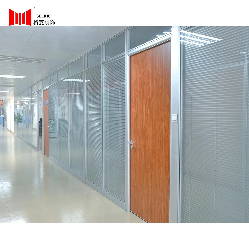 Aluminum channel frame sections double glass fixed detachable office partition wall with blind for home