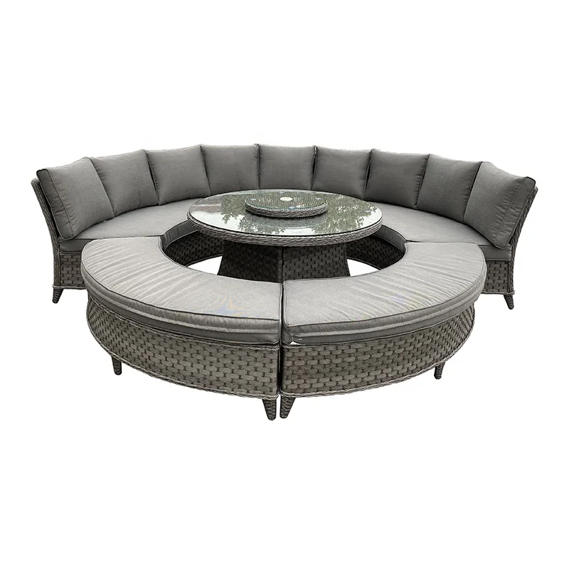Wicker Rattan Patio Outdoor Garden Furniture Round Curved Sofa Sets Wth Low Dining Round Table