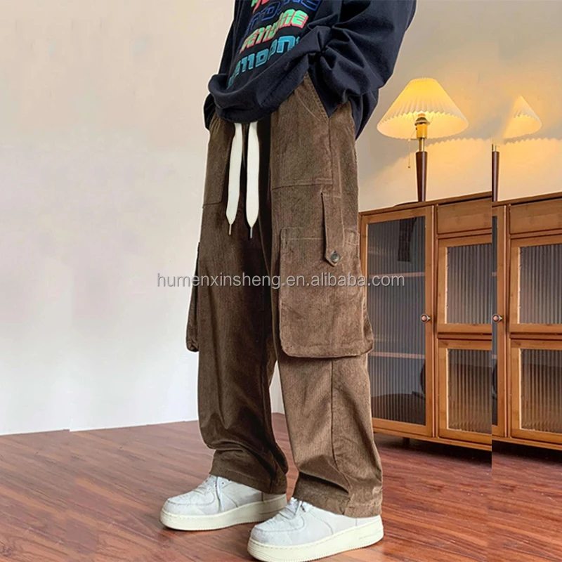Streetwear custom heavyweight loose button big pocket wide leg corduroy pants men baggy cargo pants
