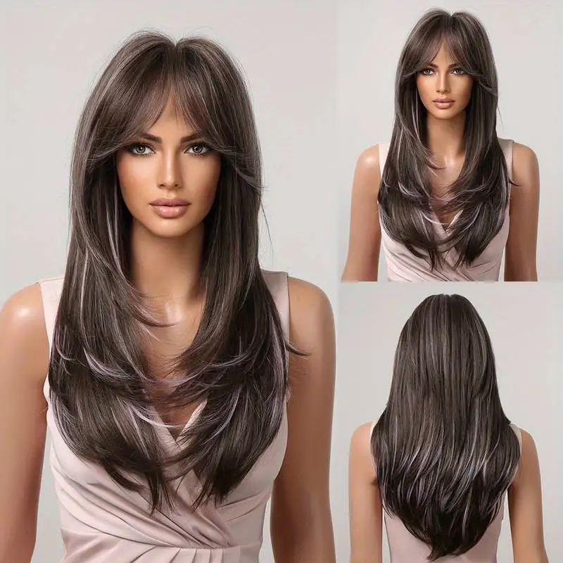 Factory Cheap 24 Inch Long Straight Layered Hair Wigs Synthetic Hair Replacement Wigs With Bangs For Daily Use For Women