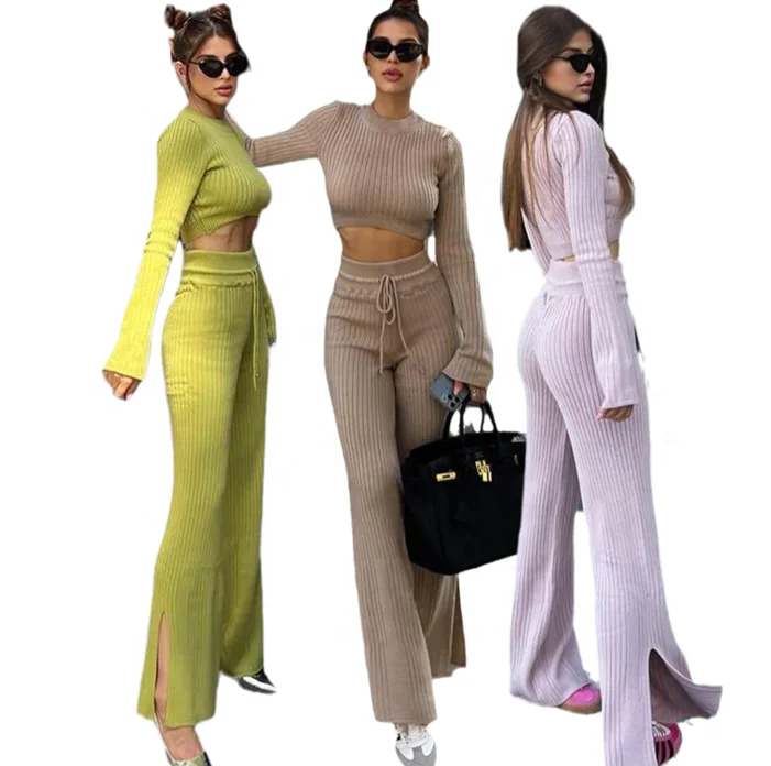2023 Sweater Custom Manufacturer Winter Cotton Polyester Knit Sweater Fall 2 Piece Set Women Knitting Two Piece Women Set