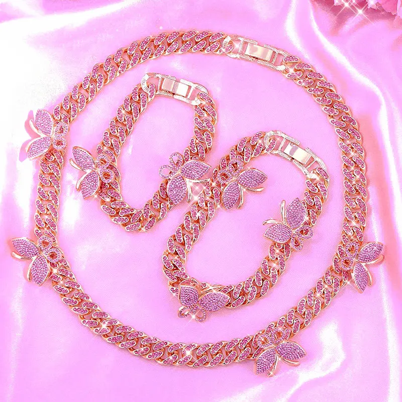 2020 Women Men Hip Hop Luxury Iced Jewelry Personality Gold Plated Crystal Butterfly Choker Rhinestone Cuban Link Chain Necklace