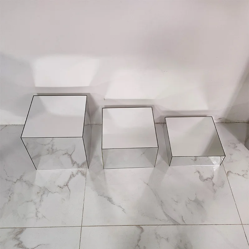 Set of 3 Square Mirrored Display Cube Acrylic Buffet Riser Sliver Mirror Acrylic Catering Buffet Risers Display Food Display