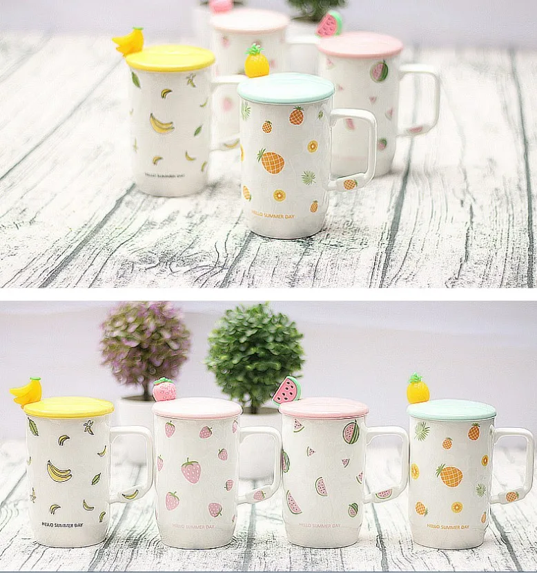 UCHOME Creative colorful fruit casual cup with lid with spoon cup strawberry banana ceramic mug