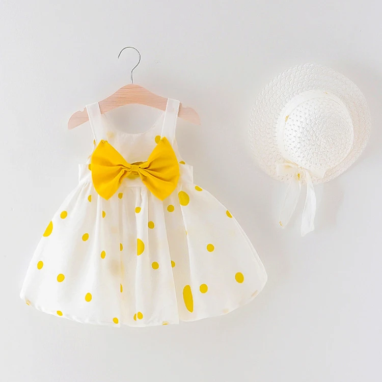 
Summer cute dot big bow sleeveless A-Line cotton infant toddlers clothing girls dresses with hat 