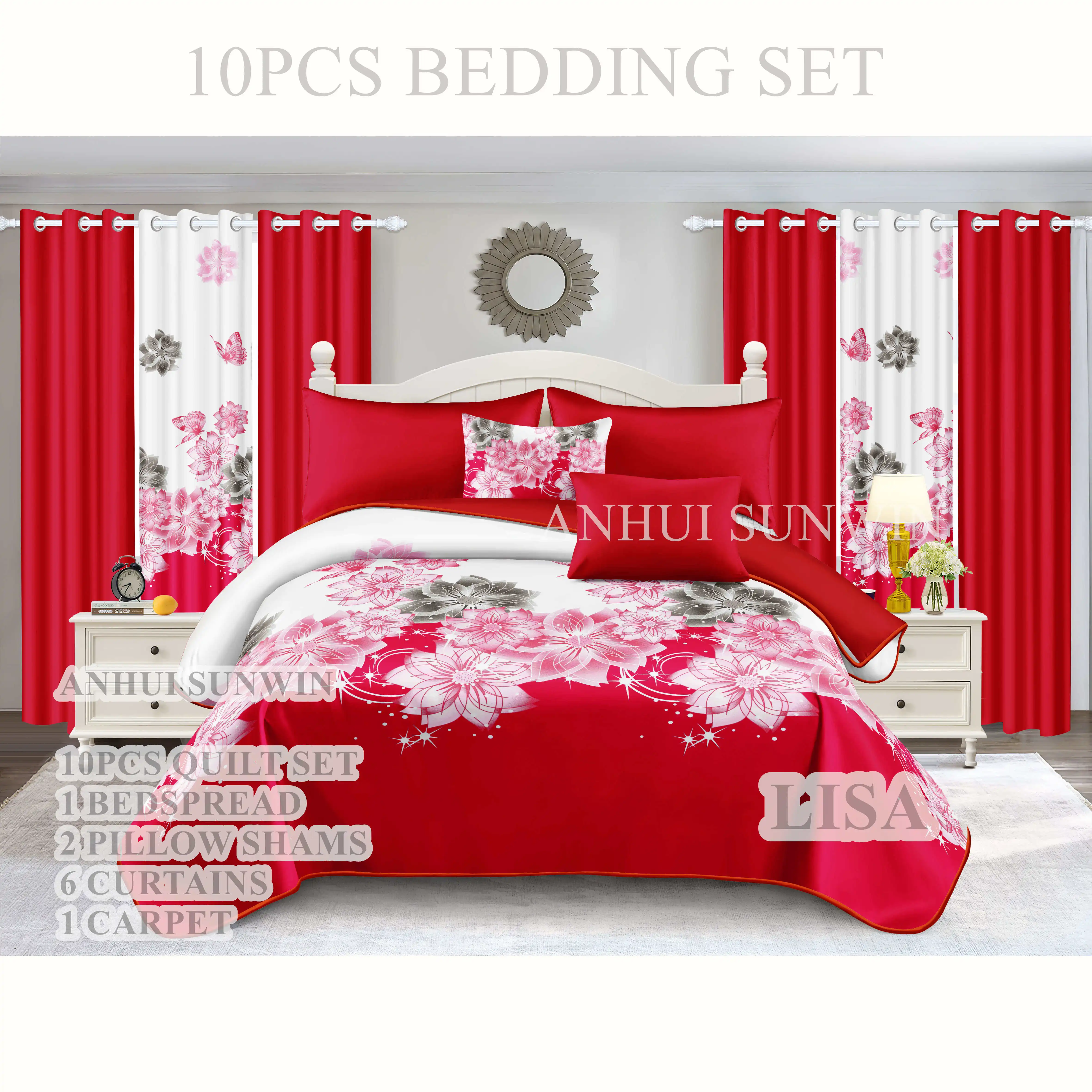 Butterfly print Pink Red blue 3d printed linen blend Custom multi king 10PCS Polyester Curtain bedding Set