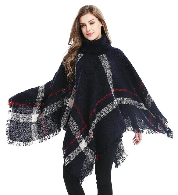Womens Dress Poncho Plaid  Turtleneck Jumper Knit Oversized Pullover Sweater Tops for Women