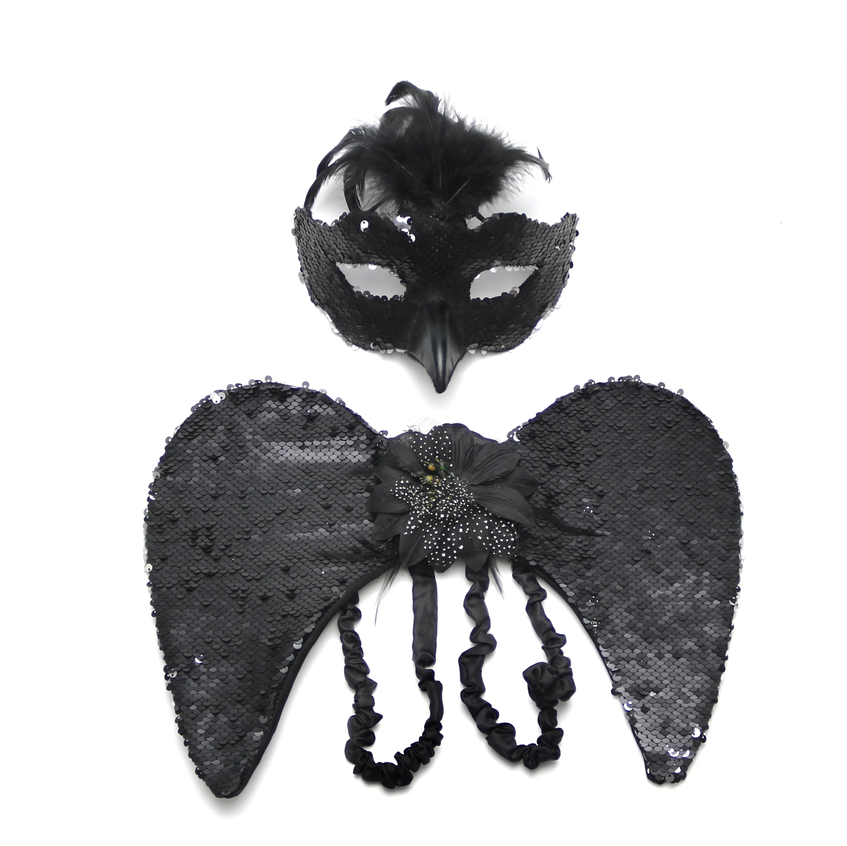 Halloween Black Flip Sequin Wings and Feather Mask Set Costume