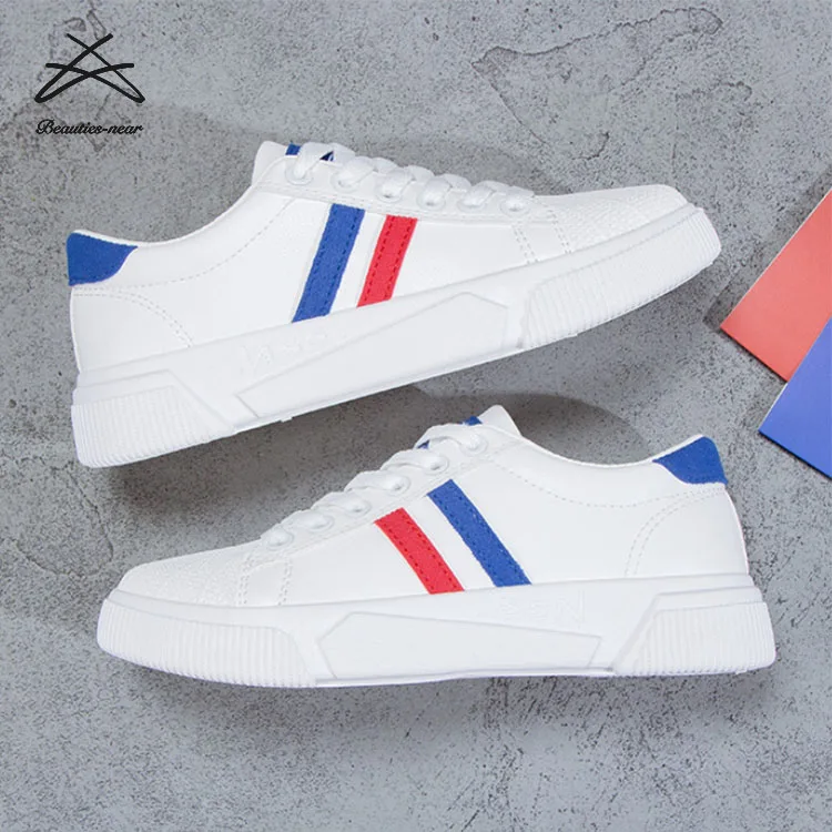 RTS Fashion new PU material women strip casual white sport school lace up shoes