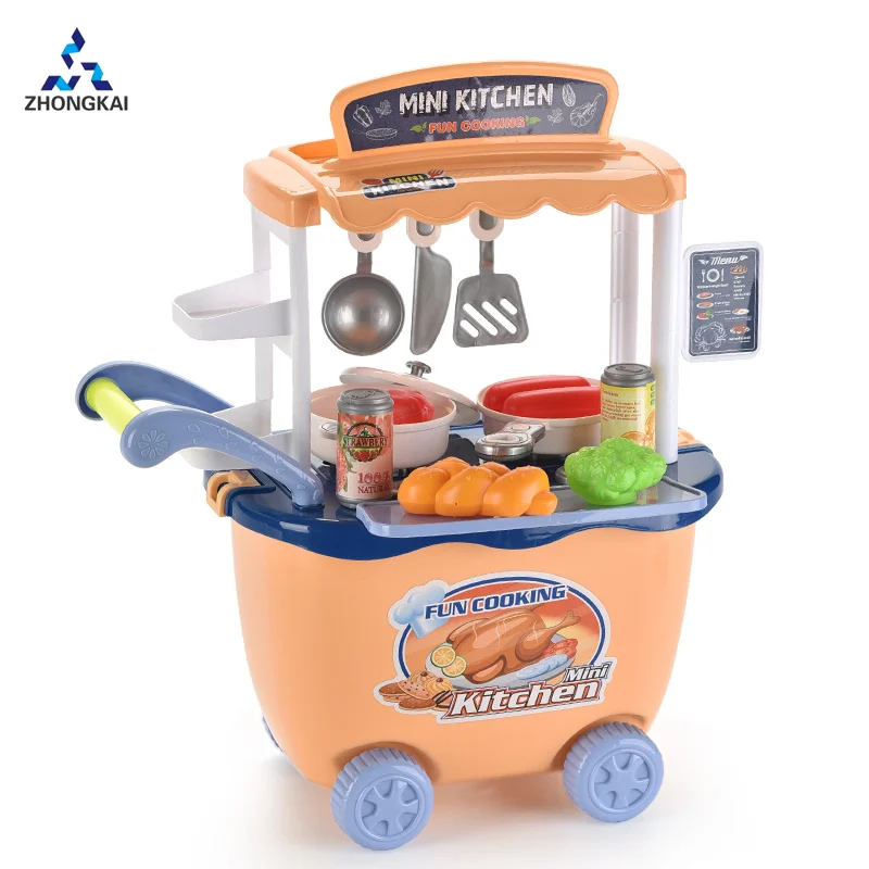 New Product Girls Pretend Play Toy Kitchen Trolley With Cutlery Food Set