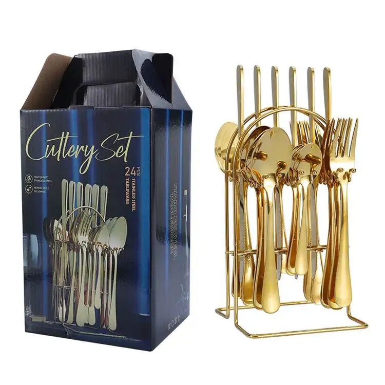 Wholesale Steak Knife Fork Spoon Dinnerware Tableware 24 Pcs With Holder Western Flatware Stainless Steel Cutlery Set