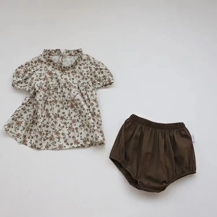 Girls summer suit baby linen cotton small broken flower doll shirt