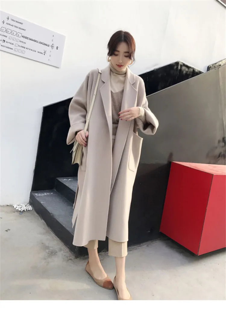 Wholesale Autumn Wool Winter Coats Women with Belt Lapel Solid Color Loose Cardigan Elegant Long Wool Coat For Women