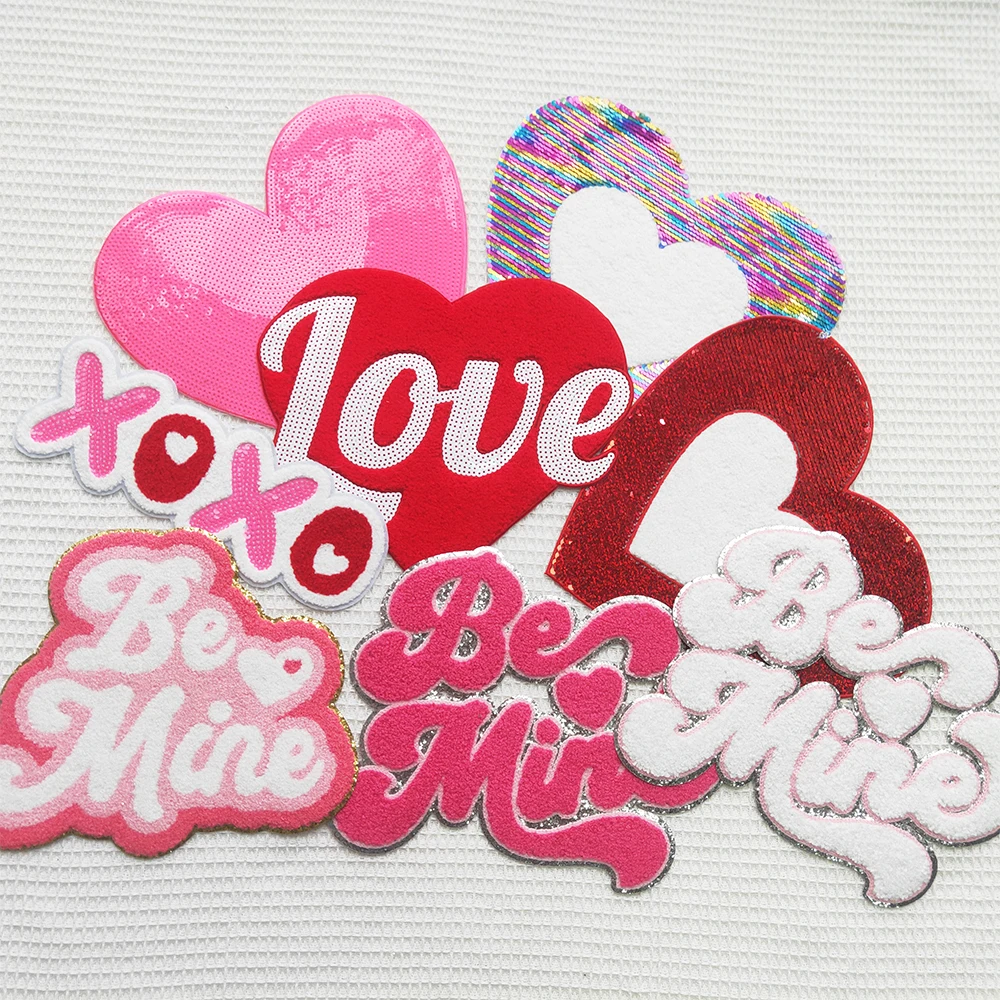 2024 new Custom Wholesale valentines XOXO love letter Glitter large Chenille sequin Embroidery iron on Patches for Clothes