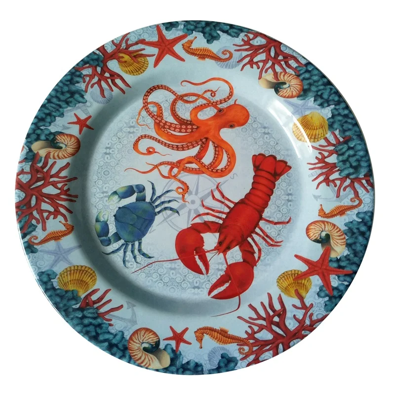 Decorative wholesale melamine rustic style printed dusty blue round green salad dessert charger plates for restaurants and kids