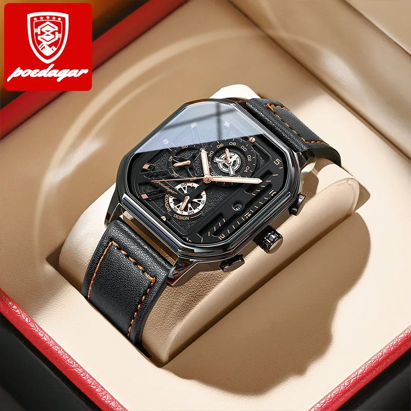 Poedagar 992  Luxury China Movement Three eyes Water Resistant Black Leather Band Stainless Steel Case Customized Quartz Watch