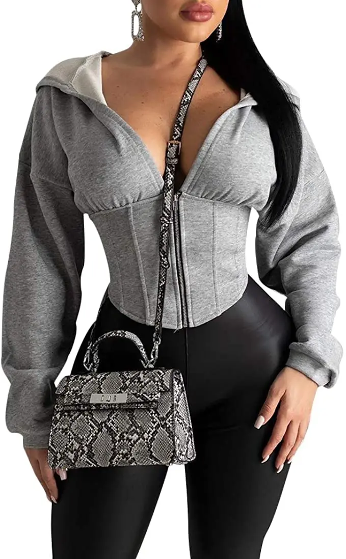 Oversized sweatshirts and pullover crop top grey zip sexy fashion women hoodie crop top