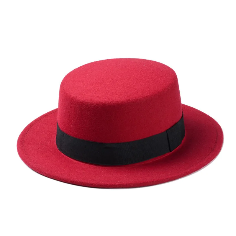 
Unisex Classic Men Women Black Fashion Retro Wool Blend Flat Brim Elegant Fedora Top Hat Panama Style Bowler Jazz Hat with Belt 