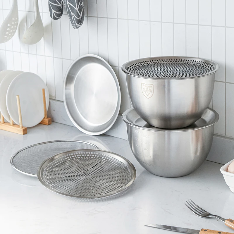 Korea style 4 pcs stainless steel 304 multipurpose kitchen 20cm drain tray plate filter salad food mixing bowl set