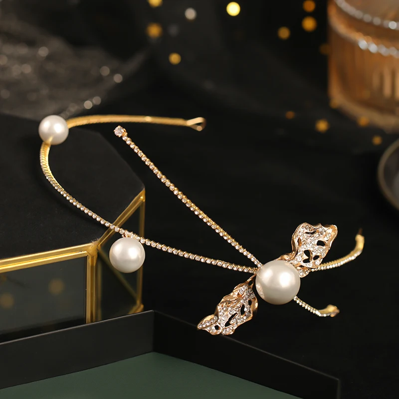 Rhinestone Bridal Headdress Jewelry Full Diamond Big Pearl Leaves Shape Headband with Earrings Sets Bridal Wedding Hairband