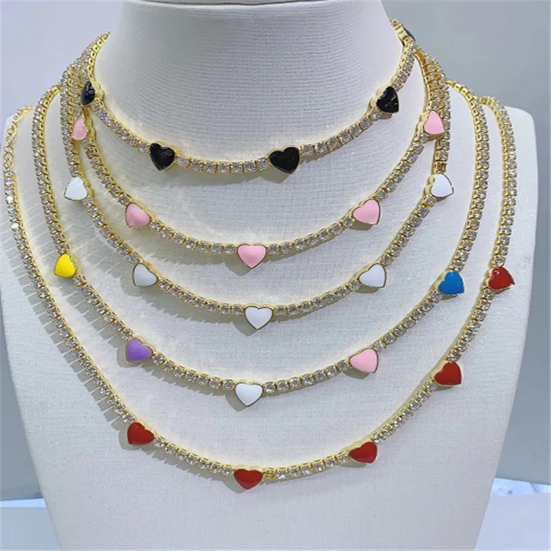 Red pink white enamel lovely heart charm rainbow cubic zirconia tennis chain choker trendy necklace fashion jewelry