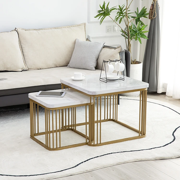 Most Popular Rose Gold Metal Square Nested Wooden Top Coffee Table 2 Set