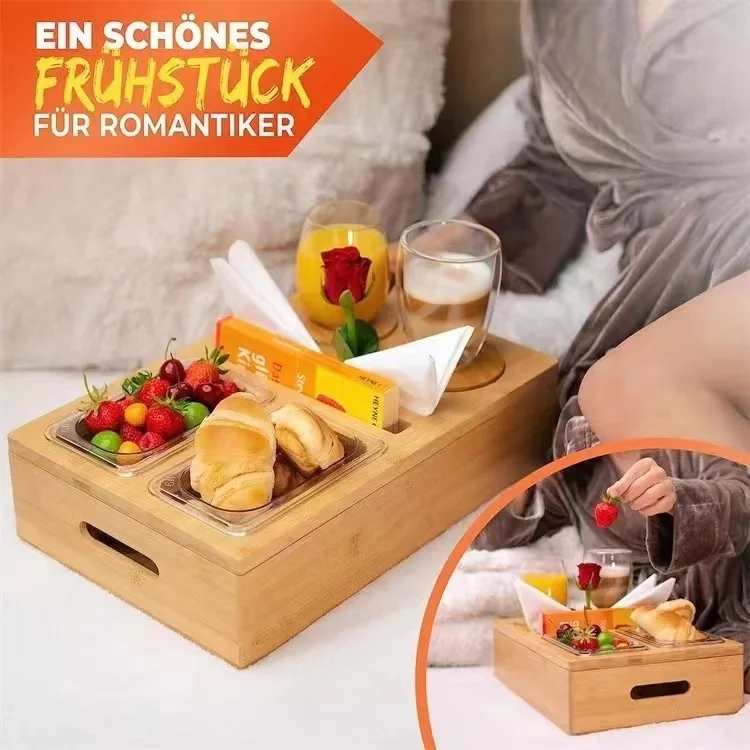 Wholesale Drink Snack Holder Simple Wood Sofa Bed Snack Storage Tray Box With Slots For Beer