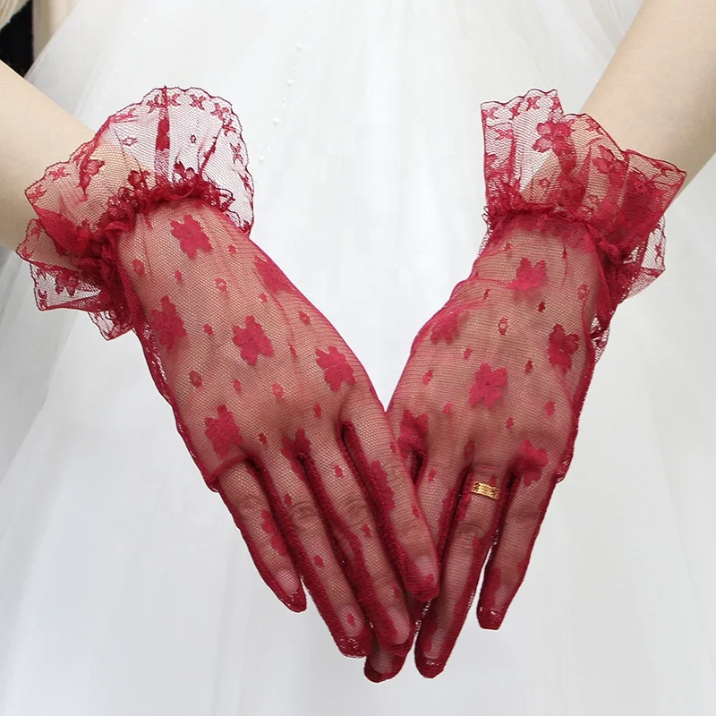 
Bridal Lace Red White Wedding Bride Wedding Gloves Butterfly Embroidery Gloves Wholesale 
