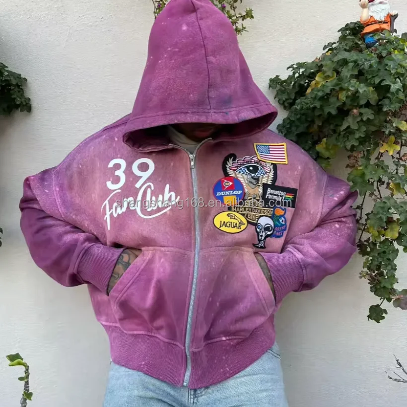 OEM ODM heavy weight 500GSM Full-Zip Hoodie Custom Designer Streetwear Distressed Badge Jacket stone acid wash hoodie