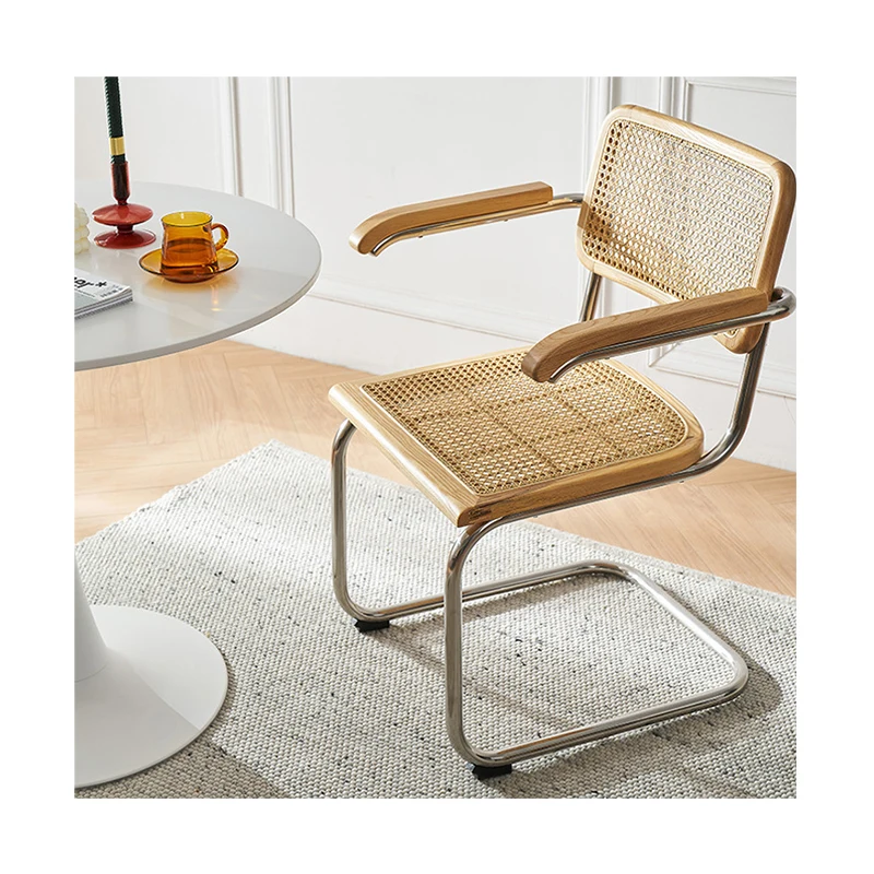 High Quality Nordic Korea Rattan Metal Leg Wood Dining Chair Cafe Office Chair Balcony Study Armchair