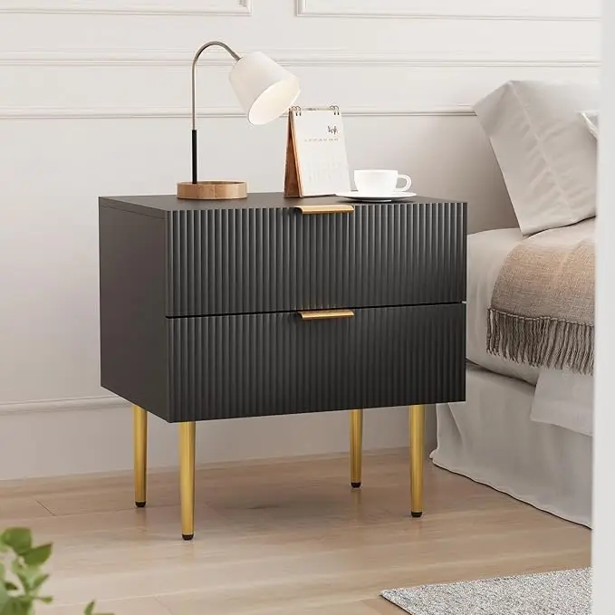 Mid Century Modern Night Stand with Fluted Panel, Bedside Table with 2 Drawer, Large Black NightStand with Gold Leg for Bedroom