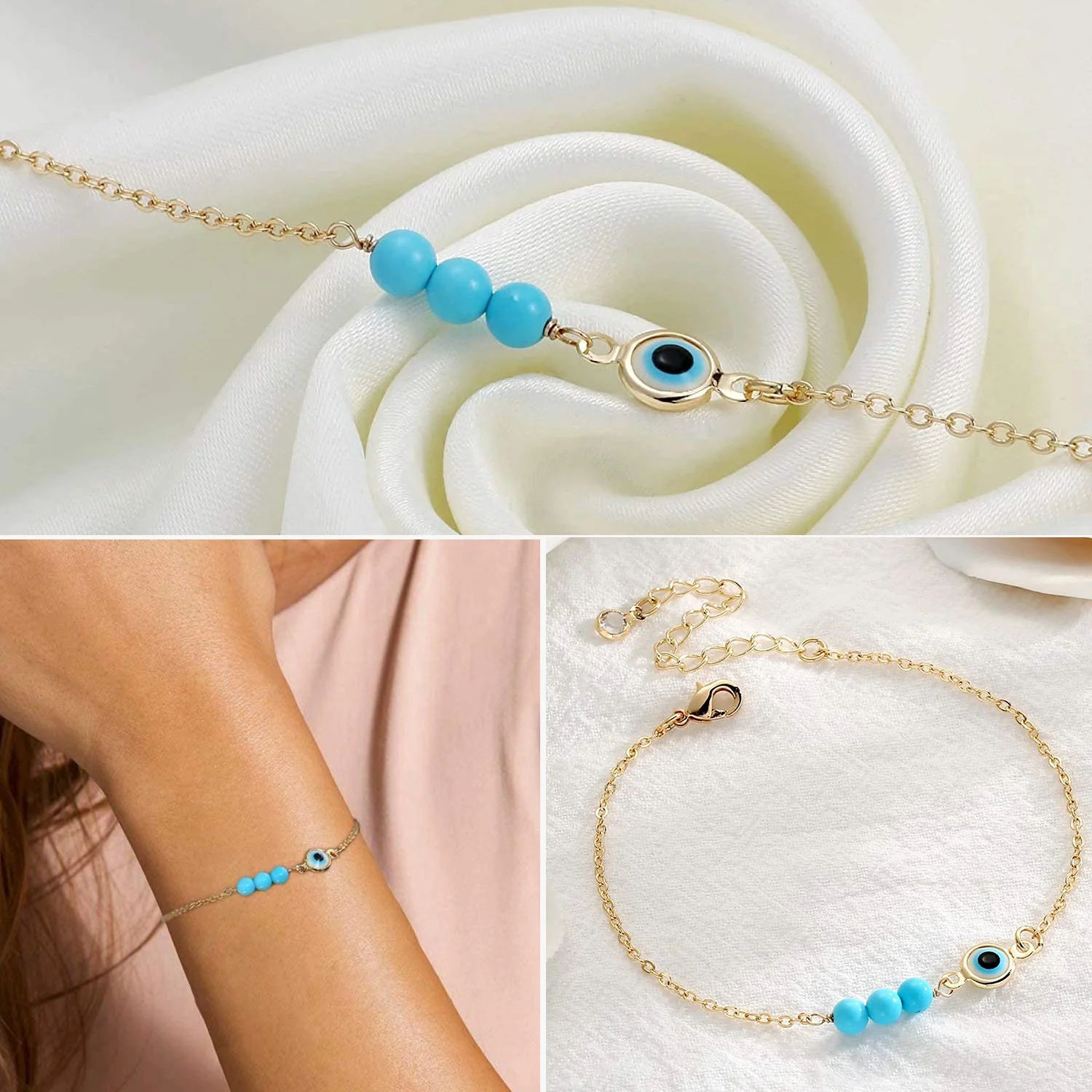 Drop shipping Wholesale Stainless Steel Jewelry Double Chain Custom Gold Plated Blue Evil Eye Charm Bracelet 18K