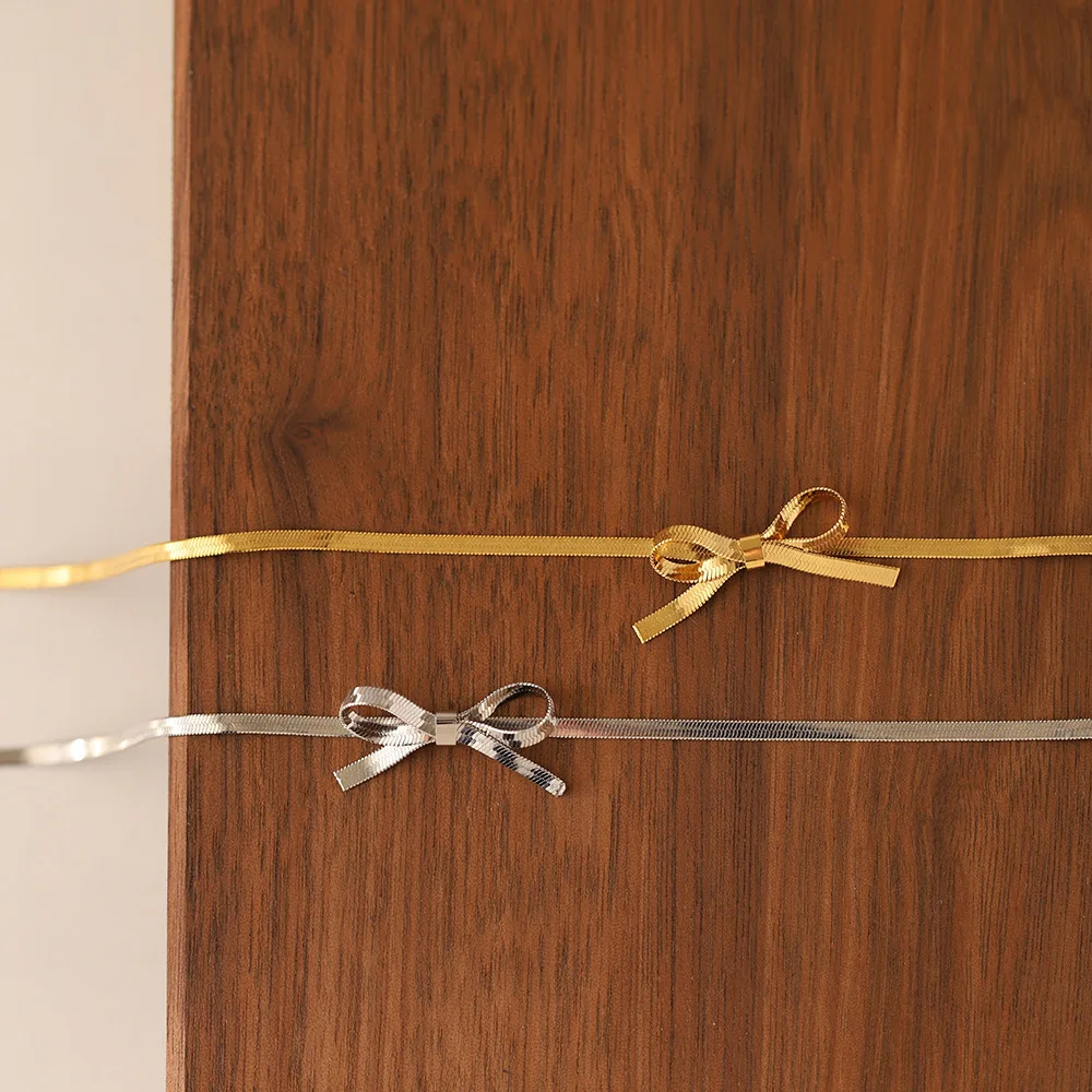 2024 Vintage Style Gold Plated Stainless Steel Snake Bowknot Ribbon Choker Necklace Tarnish-Free Bow Party Wedding Gift Ideas