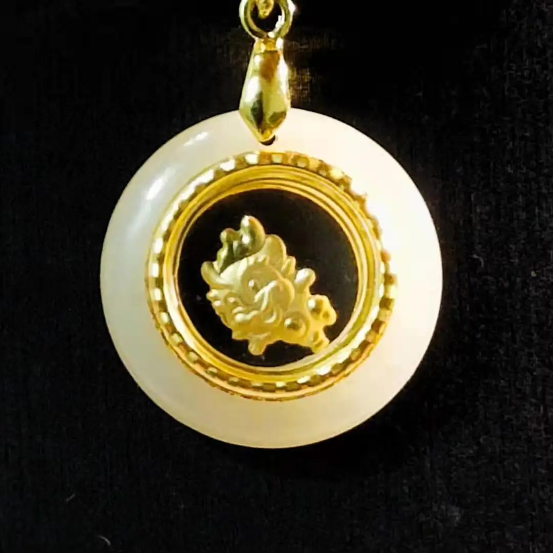 24k Yellow Gold Twelve Chinese Zodiac Signs Necklace Carved hetian jade Pendant