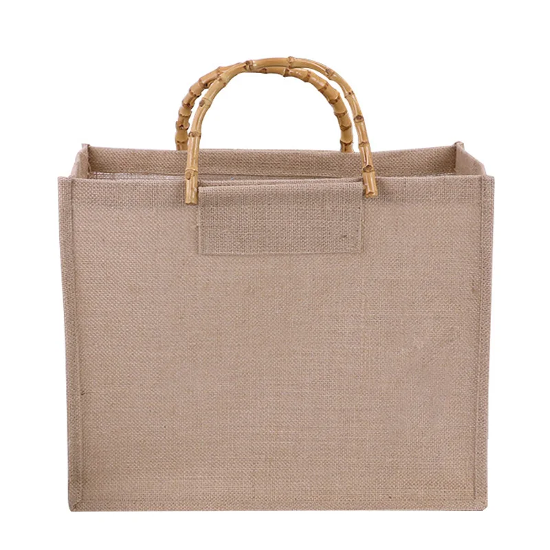 Manufacturer OEM Nature Tote Bag with Printed Logo Wholesale Eco Friendly Burlap Jute Shopping Bags Grocery Tote Bamboo Handle