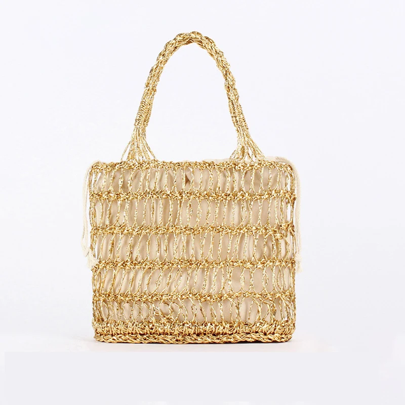 2024 New gold silver thread hollowed out hand hook braided women summer bags fashion holiday straw beach tote bag