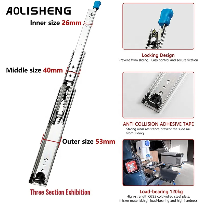 AOLISHENG Furniture Hardware Triple Extension Ball Bearing Heavy Duty Locking Drawer Slides 1200MM Wide