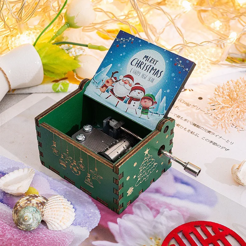 OEM Creative Gift Merry Christmas Hand Crank Mini Wood Music Box With Your Design