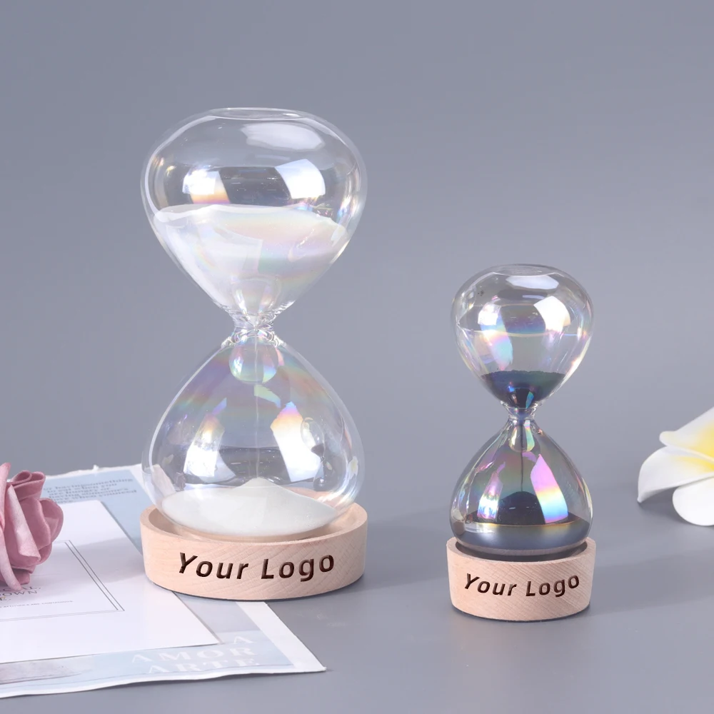 wholesale Transparent glass sand clock hourglasses sand timer 5min 30 min 60min HourGlass with wood base