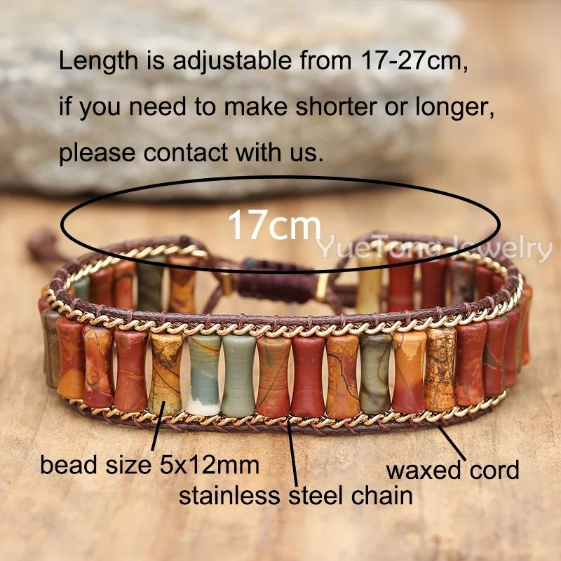 Handmade Natural Stone Bamboo Tube Beads 7 Chakra Single Wrap Cuff Bracelet Vegan Gold Stainless Steel Chain Jewelry Wholesale
